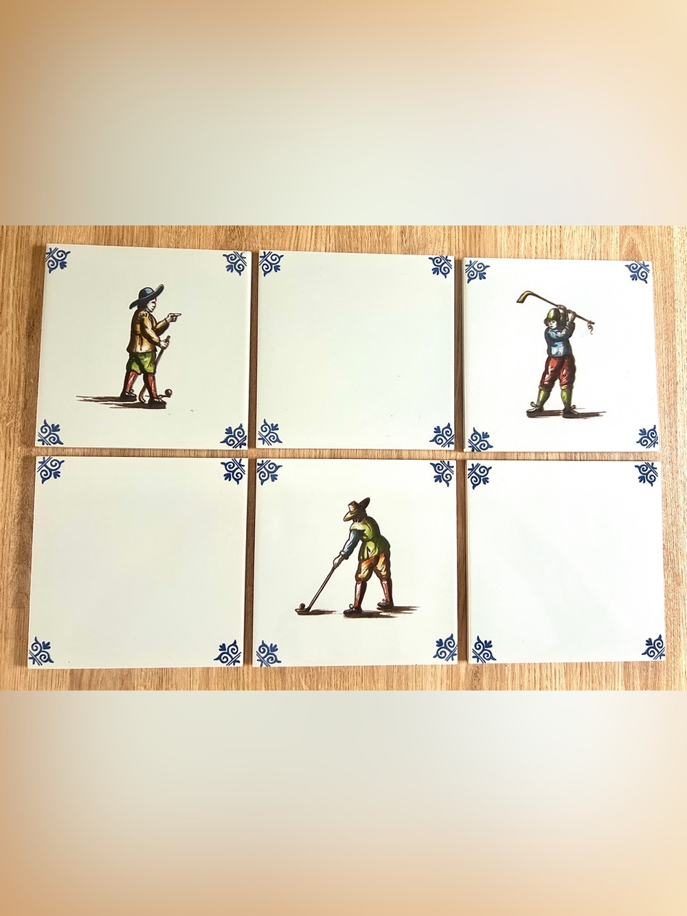 Set of 6 Blue Delftware Tiles • Handmade in Holland • Vintage Golf Theme
